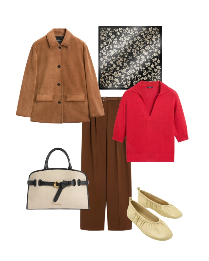 spring-outfits-brown-red-scarf